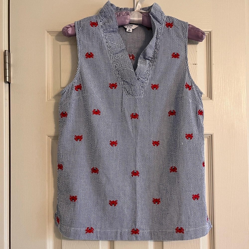crown & ivy Blue and White Striped Sleeveless Blouse with Red Crab Embroidery